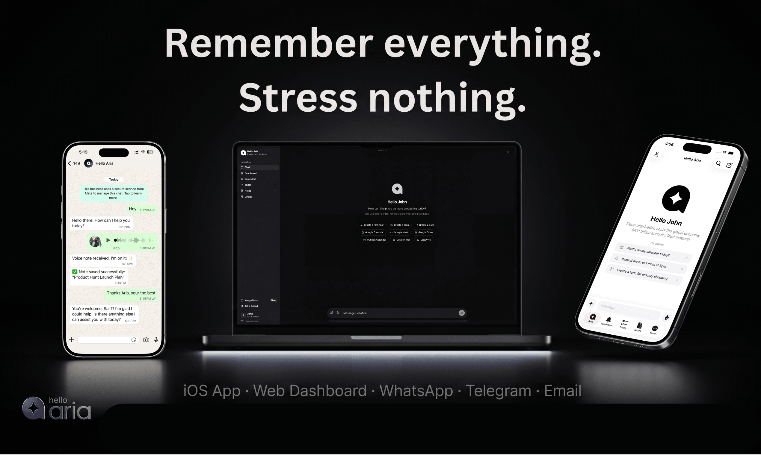 Hello Aria — iOS App, Web Dashboard, WhatsApp, Telegram, Email