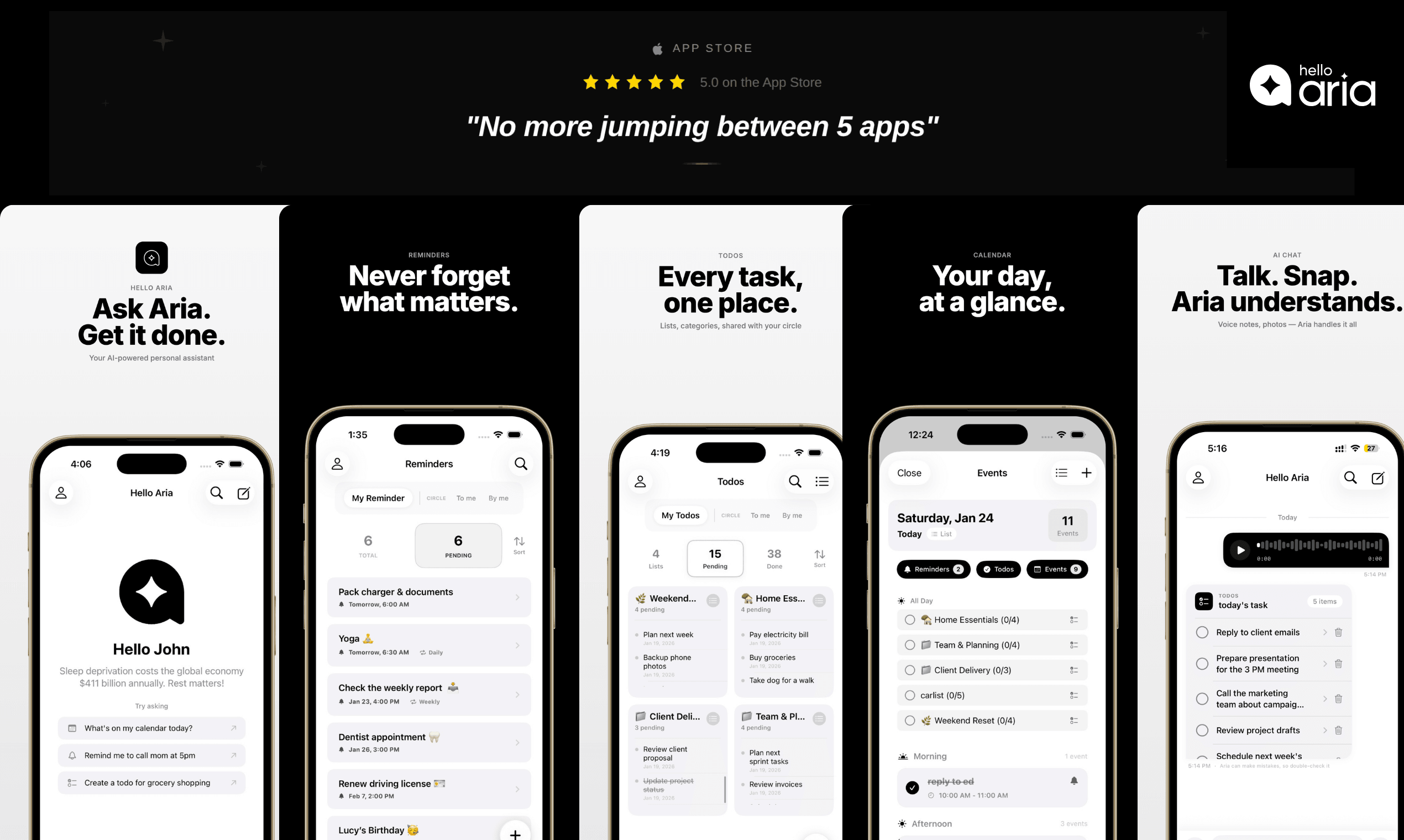 Hello Aria iOS App — Chat, Reminders, Todos, Calendar, Voice